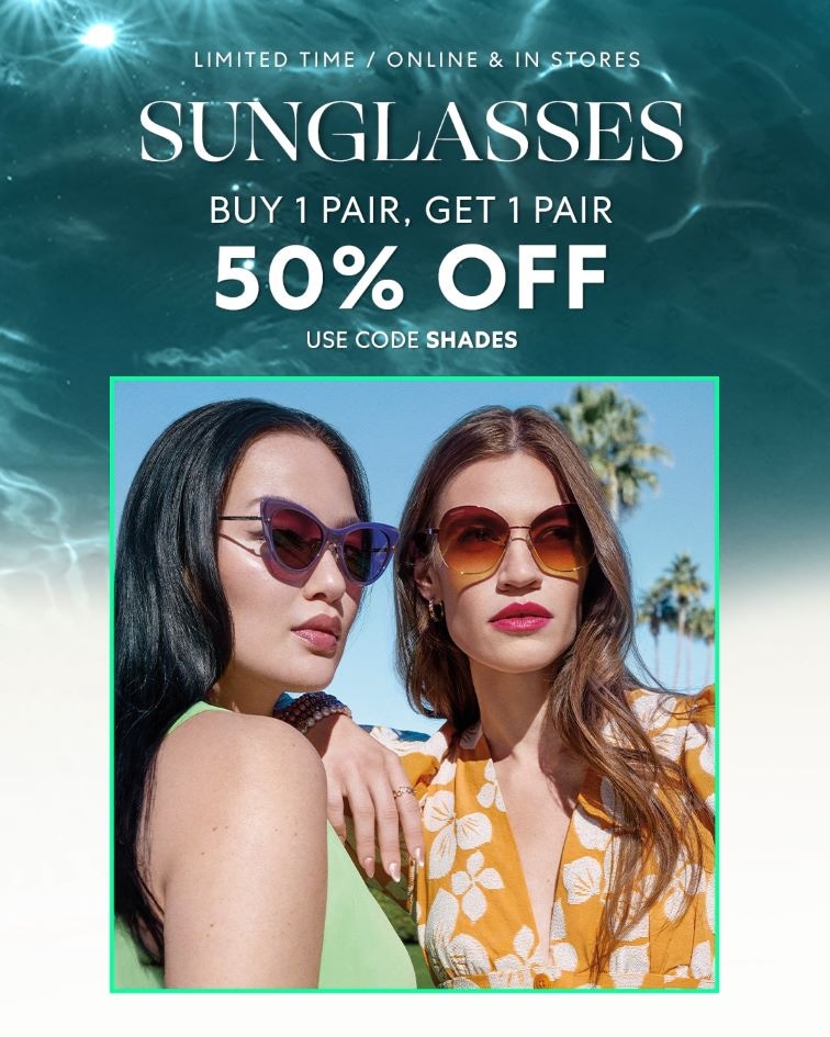 Offer title Sunglasses are Buy One, Get One for 50% off
